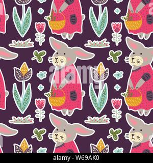 Seamless spring vector pattern with Easter bunny, tulips, Easter basket and eggs, Stock Vector