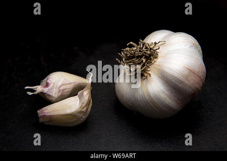 A fine art studio photo of a raw garlic bulb and a couple of cloves. Stock Photo