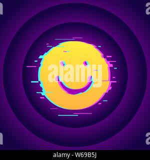 Glitched emoji smile vector illustration in yellow gradient colors on bright violet gradient circles loop background. Stock Vector
