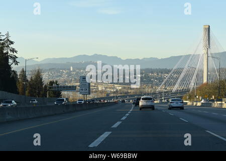 Approaching the Port Mann Bridge into Vancouver, westbound on the Trans-Canada Highway Stock Photo