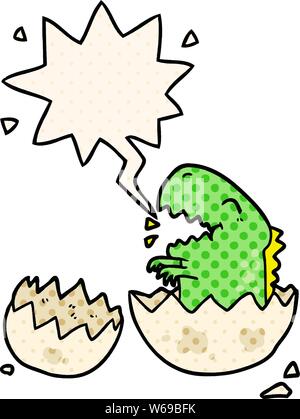 cartoon dinosaur hatching from egg with speech bubble in comic book style Stock Vector