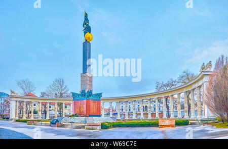 VIENNA, AUSTRIA - MARCH 2, 2019: The panorama of Soviet War Memorial with thesculpture of the soldier, holding the flag and golden emblem on the top o Stock Photo