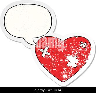 cartoon beaten up heart with speech bubble distressed distressed old sticker Stock Vector