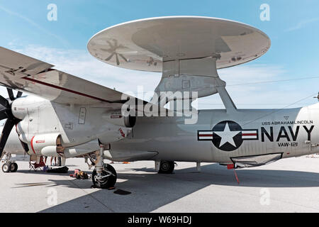 The US Navy Hawkeye from the Bluetails of Carrier Airborne Early Warning Squadron (VAW) on display at the 2018 Cleveland National Air Show. Stock Photo