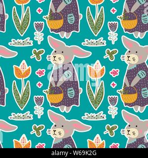 Seamless spring vector pattern with Easter bunny, tulips, Easter basket and eggs, Stock Vector
