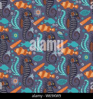 Vector handdrawn sea seamless pattern with various marine animals. Ornate summer illustration with sea horses. Stock Vector