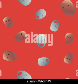 Seamless pattern theatrical mask with angry emotion. Vector illustration. Bronze and silver masks with gradient on red background. Stock Vector