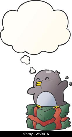 cartoon penguin on present with thought bubble in smooth gradient style Stock Vector