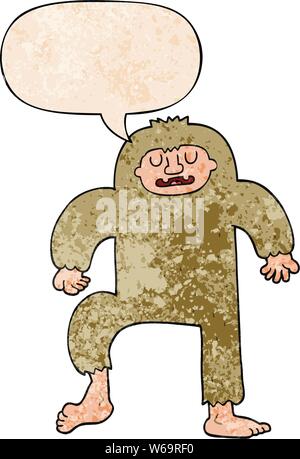cartoon bigfoot with speech bubble in retro texture style Stock Vector