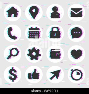 Business Website Benefits Icon Set in Glitch Art Style. Advantages icons such as finance, chat, home, user avatar, calendar, wallet, search, protectio Stock Vector