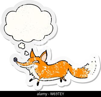 cartoon sly fox with thought bubble as a distressed worn sticker Stock Vector