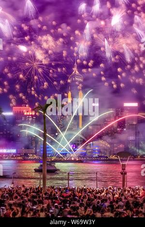 Vertical shot of breathtaking beautiful fireworks in the sky over a large group of people and a lake Stock Photo