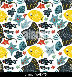Vector handdrawn sea seamless pattern with various marine animals. Ornate summer illustration with sea stingrays of fish and seashells. Stock Vector