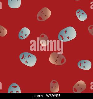 Seamless pattern theatrical mask with angry emotion. Vector illustration. Bronze and silver masks with gradient on red background. Stock Vector