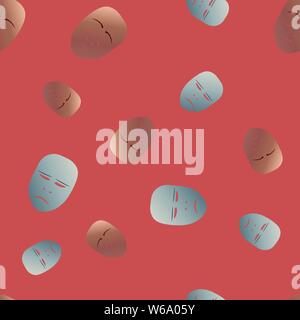 Seamless pattern theatrical mask with sorrowful emotion. Vector illustration. Bronze and silver masks with gradient on red background. Stock Vector
