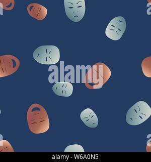 Seamless pattern theatrical mask with happy and angry emotion. Vector illustration. Bronze and silver masks with gradient on blue background. Stock Vector