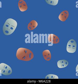 Seamless pattern theatrical mask with angry and fearful emotion. Vector illustration. Bronze and silver masks with gradient on blue background. Stock Vector