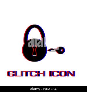 Padlock and key icon flat. Simple pictogram - Glitch effect. Vector illustration symbol Stock Vector