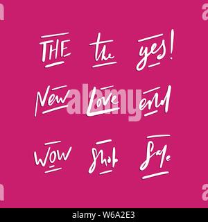 Handdrawn short vector words. Lettering short vector phrases - yes, wow, sale, shop, and, love. Stock Vector
