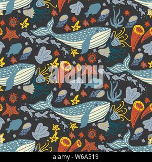 Vector handdrawn sea seamless pattern with various marine animals. Ornate summer illustration with dolphins, shells and corals. Stock Vector