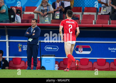 Antonio Rukavina of Serbia who lost his shorts jogs towards the sideline after their Group E match against Brazil during the FIFA World Cup 2018 in Mo Stock Photo