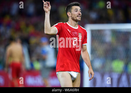 Antonio Rukavina of Serbia who lost his shorts reacts after their Group E match against Brazil during the FIFA World Cup 2018 in Moscow, Russia, 27 Ju Stock Photo