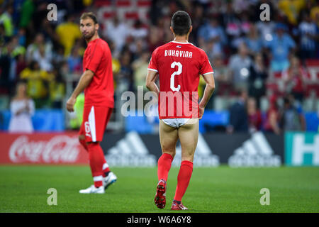 Antonio Rukavina of Serbia who lost his shorts walks towards the sideline in their Group E match against Brazil during the FIFA World Cup 2018 in Mosc Stock Photo
