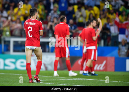 Antonio Rukavina of Serbia who lost his shorts walks towards the sideline in their Group E match against Brazil during the FIFA World Cup 2018 in Mosc Stock Photo