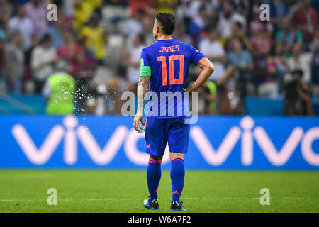 James Rodriguez of Colombia reacts after his team defeated Poland in their Group H match during the FIFA World Cup 2018 in Kazan, Russia, 24 June 2018 Stock Photo