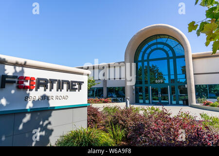 July 31, 2019 Sunnyvale / CA / USA - Fortinet headquarters in Silicon Valley; Fortinet, Inc. is an American company that develops and markets cybersec Stock Photo