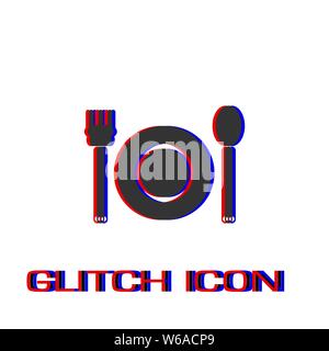Plate with fork and spoon icon flat. Simple pictogram - Glitch effect. Vector illustration symbol Stock Vector
