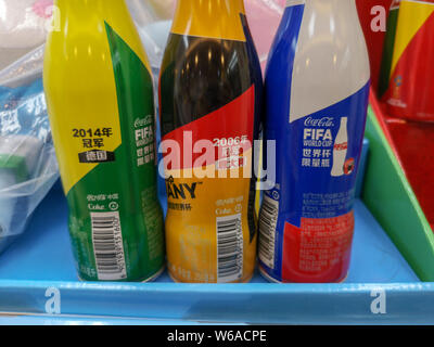 View of bottles of Coca-Cola limited edition for the 2018 FIFA World Cup for sale at a Family Mart Convenience Store in Shanghai, China, 5 June 2018. Stock Photo