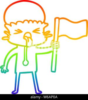 rainbow gradient line drawing of a weird cartoon alien waving flag Stock Vector