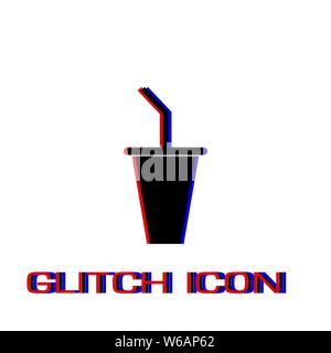 Paper cup with drinking straw icon flat. Simple pictogram - Glitch effect. Vector illustration symbol Stock Vector