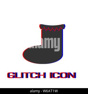 Christmas sock icon flat. Simple pictogram - Glitch effect. Vector illustration symbol Stock Vector