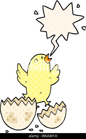 cartoon bird hatching from egg with speech bubble in comic book style Stock Vector