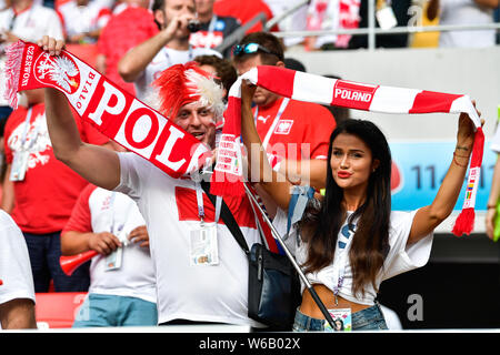 A hot female Polish fan wearing a red and white jersey watches the Group H match between Poland and Senegal during the 2018 FIFA World Cup in Moscow, Stock Photo