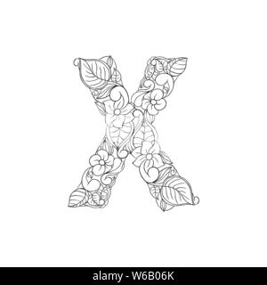 Coloring Book Floral Ornamental Alphabet, Initial Letter X Font. Vector Typography Symbol. Antistress Page for Adults and Monograms.Isolated Poster or Cover Design Stock Vector