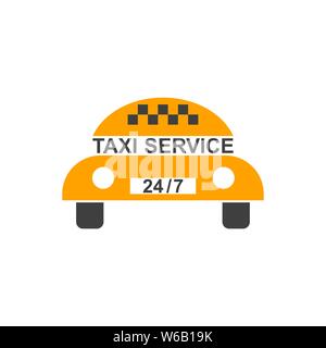 Logo of customer service of a taxi in comical style. A flat badge in the form of the car with the information plate 247. A template of a vector illus Stock Vector