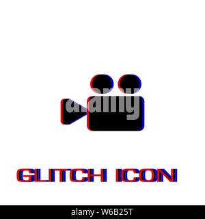 Cinema camera icon flat. Simple pictogram - Glitch effect. Vector illustration symbol Stock Vector