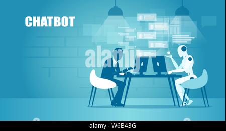 Chatbot in business concept. Vector of a businessman chatting with a robot online Stock Vector