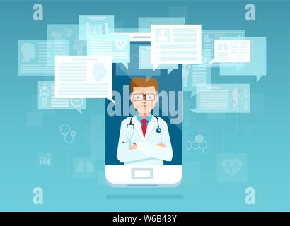 Medical online consultation concept. Vector of a man doctor on the phone screen answering questions Stock Vector