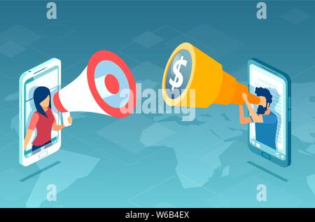 Concept of marketing and new investment opportunities. Vector of a woman making announcement in megaphone and a businessman searching for financial op Stock Vector