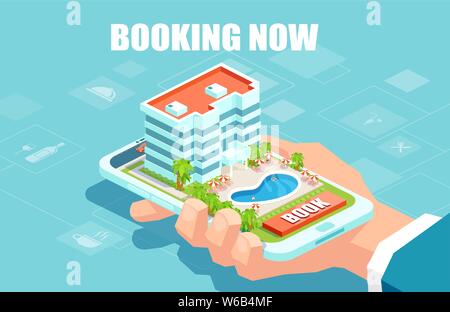 vector of a man hand holding a smartphone booking hotel online Stock Vector