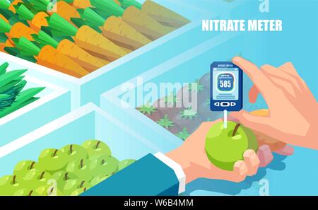 Measurement of nitrate levels concept. Vector of a hand holding the nitrate tester on a vegetables and fruits background Stock Vector