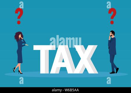 Vector of a young couple businessman and businesswoman having tax related questions Stock Vector