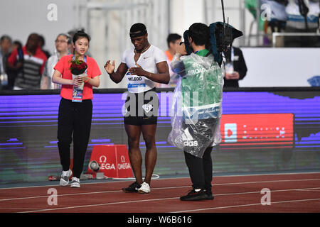 Omar McLeod of Jamaica is pictured after winning the men's 110m hurdles final during the IAAF Diamond League Shanghai 2018 in Shanghai, China, 12 May Stock Photo