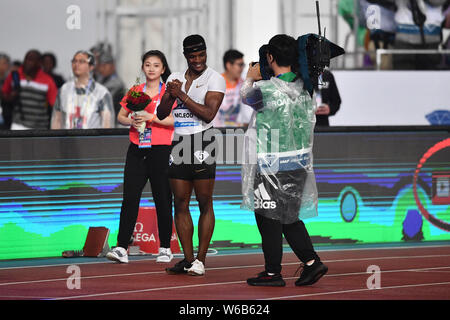 Omar McLeod of Jamaica is pictured after winning the men's 110m hurdles final during the IAAF Diamond League Shanghai 2018 in Shanghai, China, 12 May Stock Photo