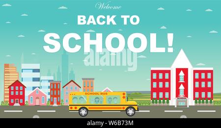 Back to school concept. Vector of students riding a school bus Stock Vector