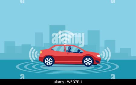 Vector concept of a driverless car with man sitting inside reading a book relaxing Stock Vector